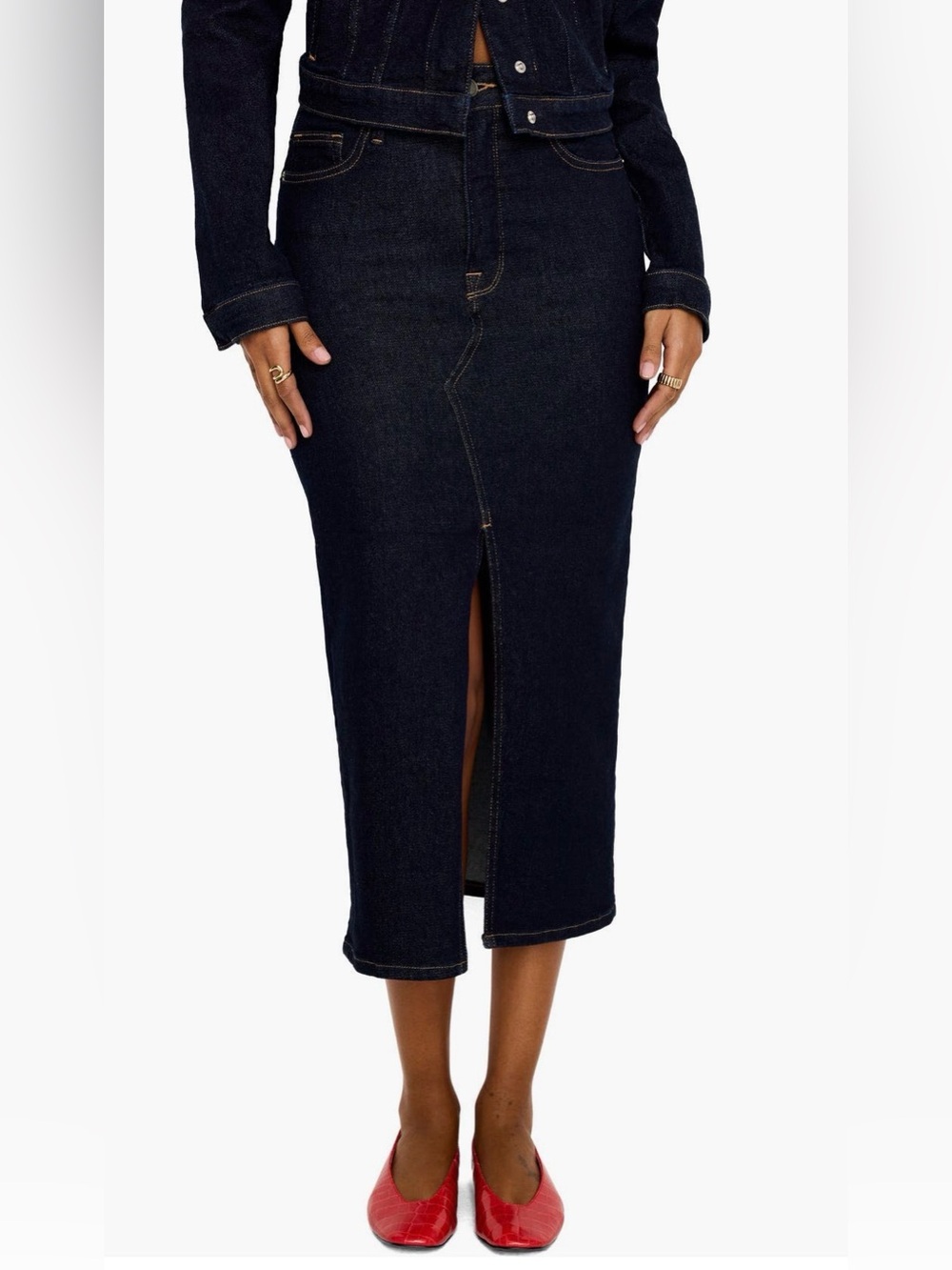 Good American Front Slit Denim Midi Skirt